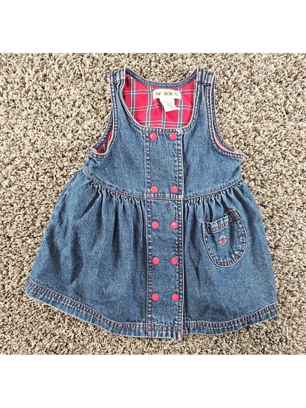 vintage Gymboree girls Sz XS denim jumper dress with a red plaid lining